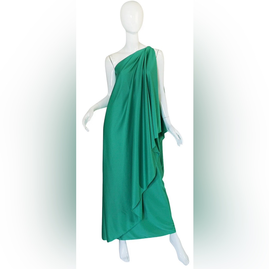 Rare Vintage Halston 1970s OneShoulder Green Jersey Gown